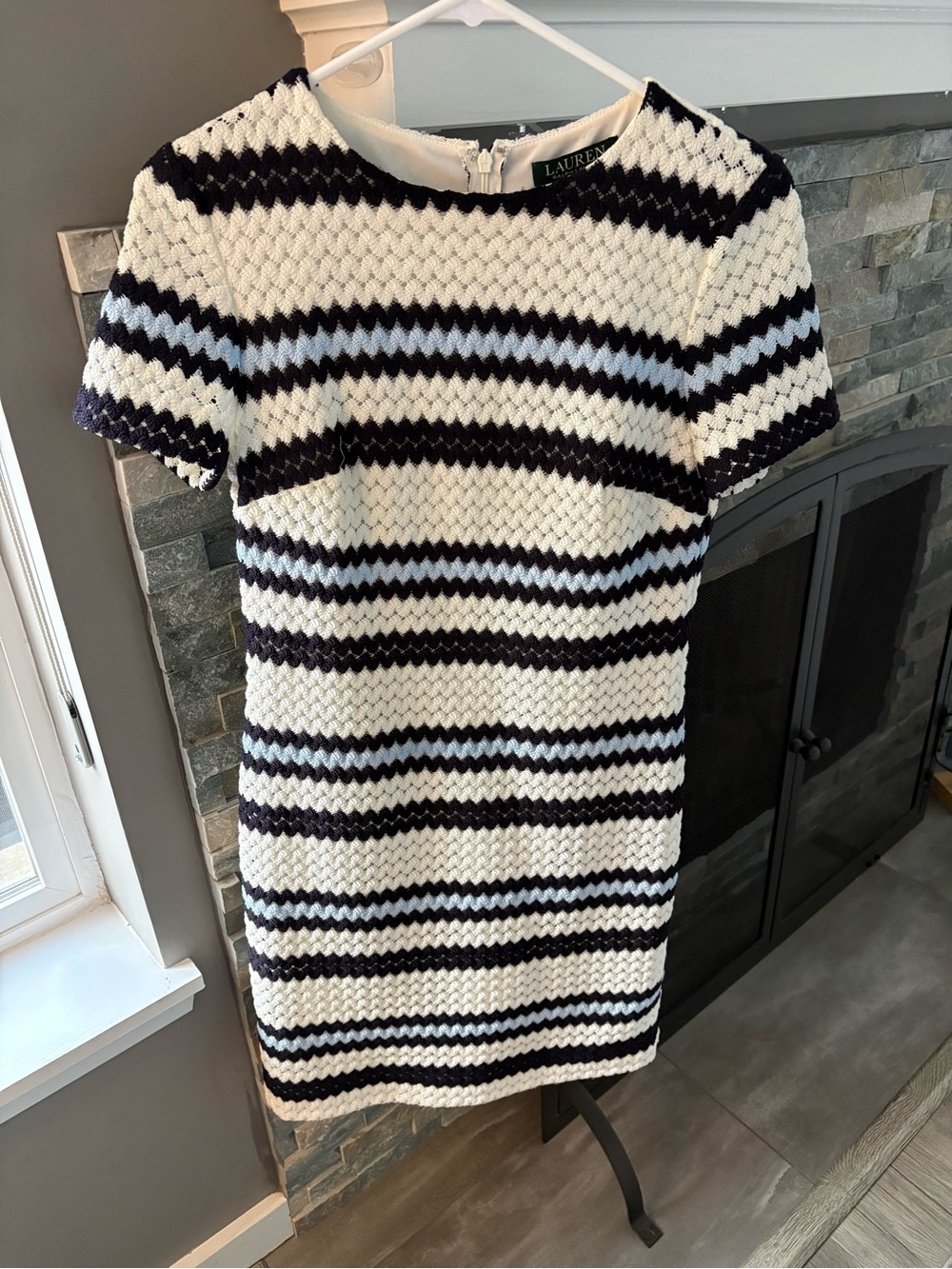 Ralph Lauren Navy, White & Light Blue Striped Knit Short Sleeve Dress